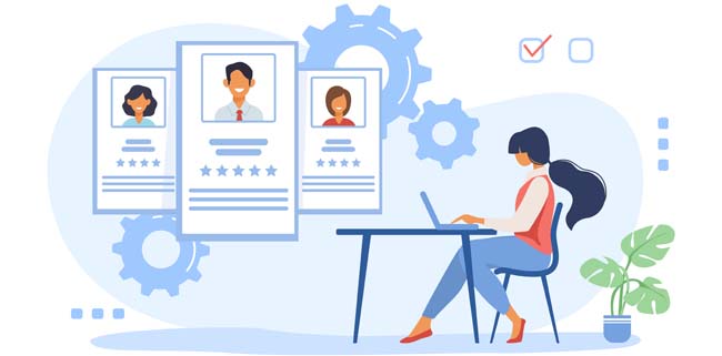 Recruit agent analyzing candidates. HR manager studying employees profiles on internet flat vector illustration. Rate, staff, human resource concept for banner, website design or landing web page