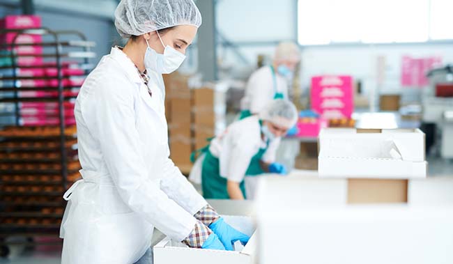 Side view of crop confectionery factory employee in white coat putting baking parchment into empty paper box.